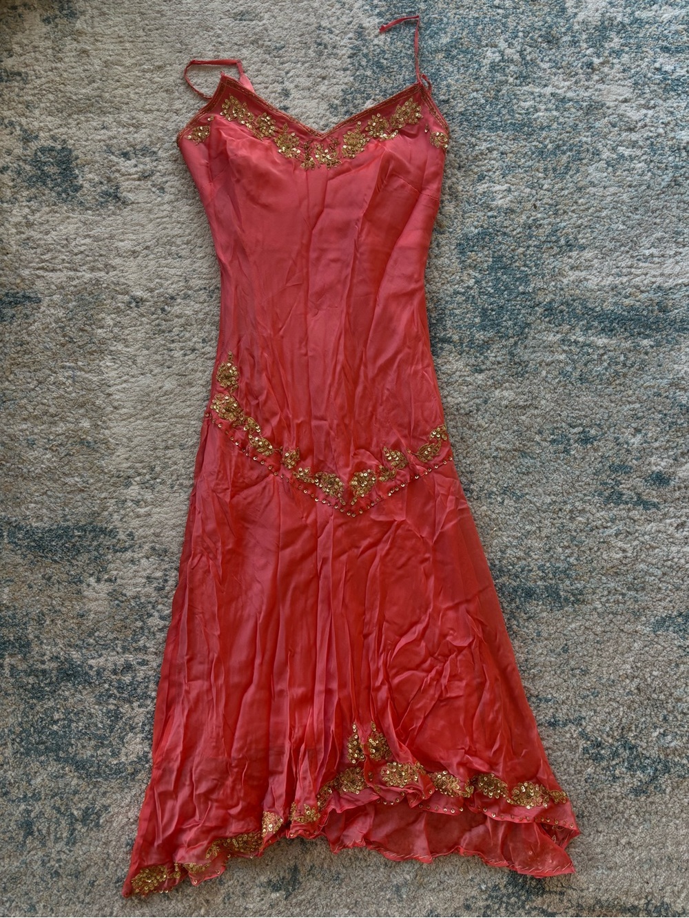 ECI Coral Red Beaded Spaghetti-Strap Midi Dress